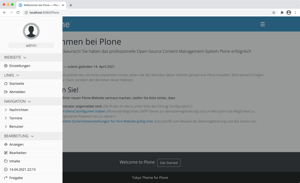 Screenshot der Sidebar für Plone